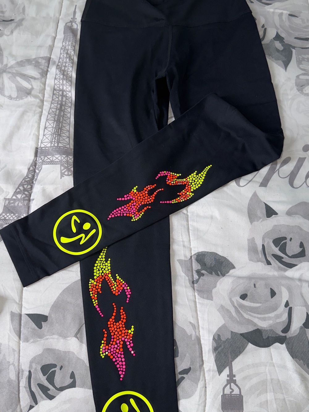 Zumba Fitness Black Leggings with Neon Flame & Smile Accents